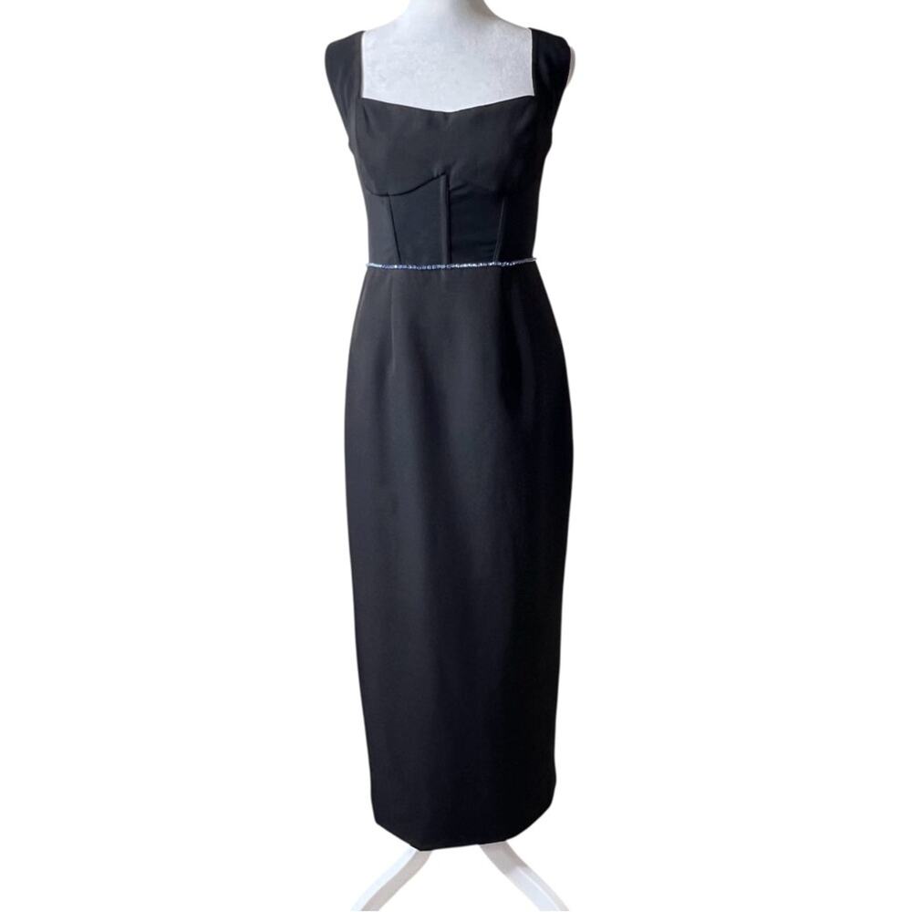 Bardot Corset Dress 6 Black Blue Beaded Rhinestone Waist Ankle Gown Midi Sheath